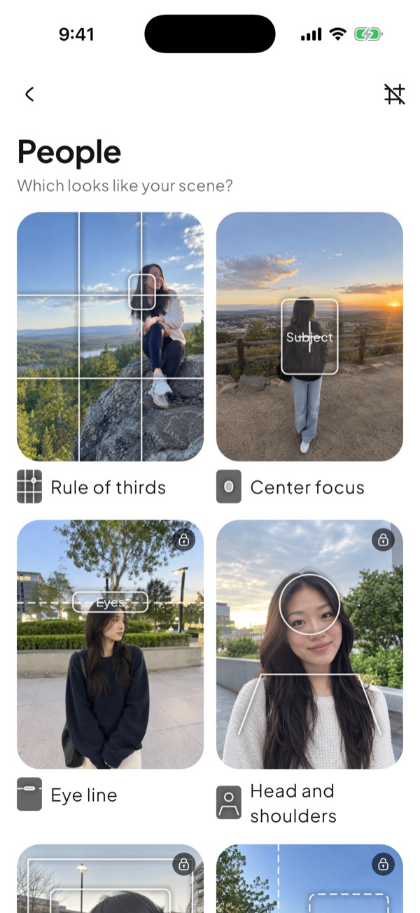 Composition picker showing guides drawn over example photos